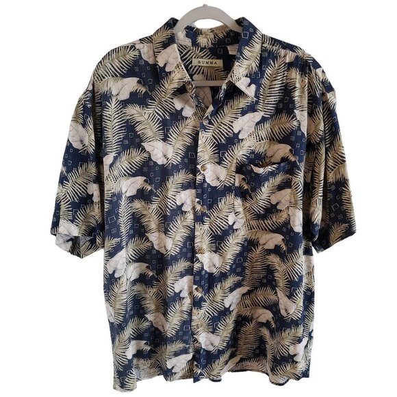 Summa Other - Summa Men Size XL 100% Silk Hawaiian Aloha Shirt Blue with Tan Leaf & Fern Print